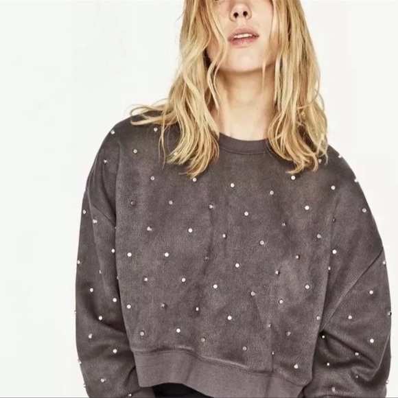 Nwot Zara Studded Suede Crop Sweatshirt 